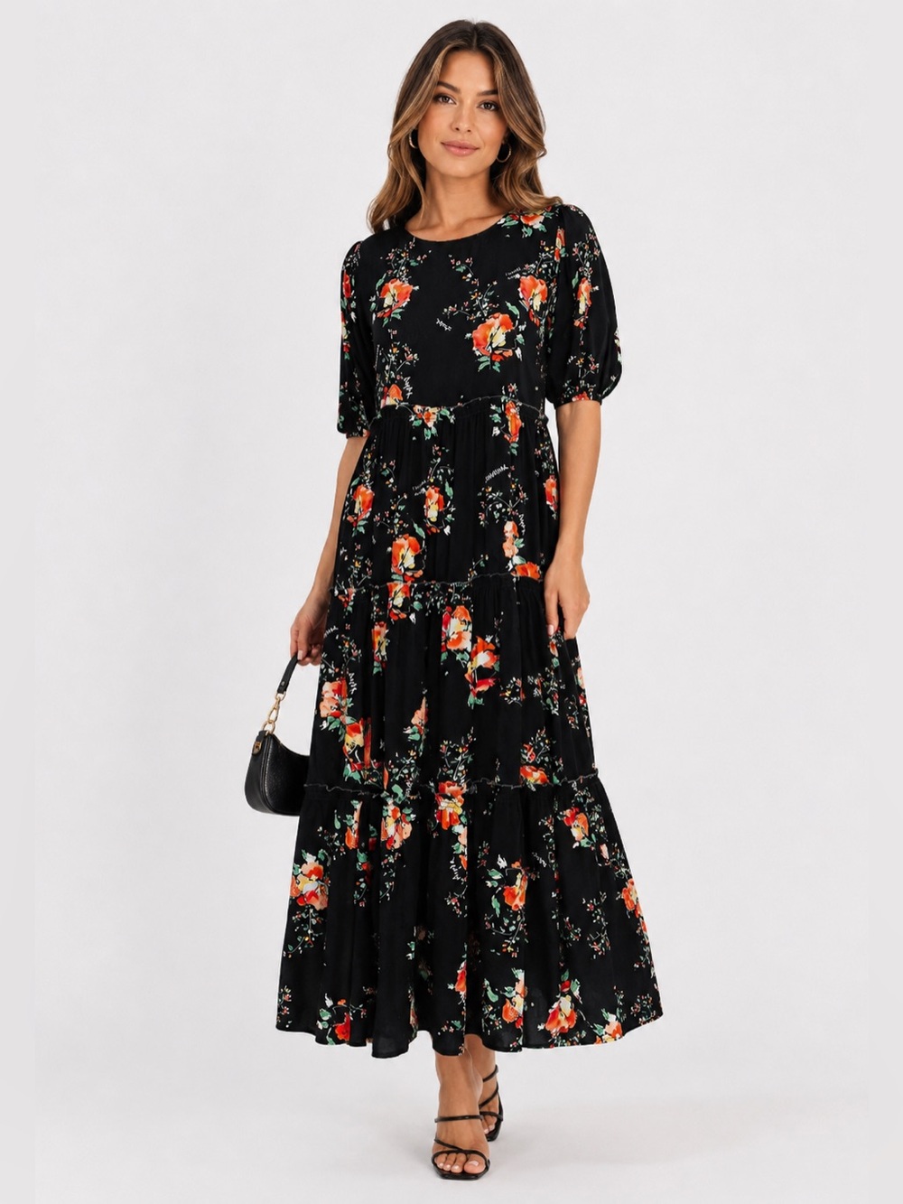 Black Floral Tiered Maxi Dress with Puff Sleeves
